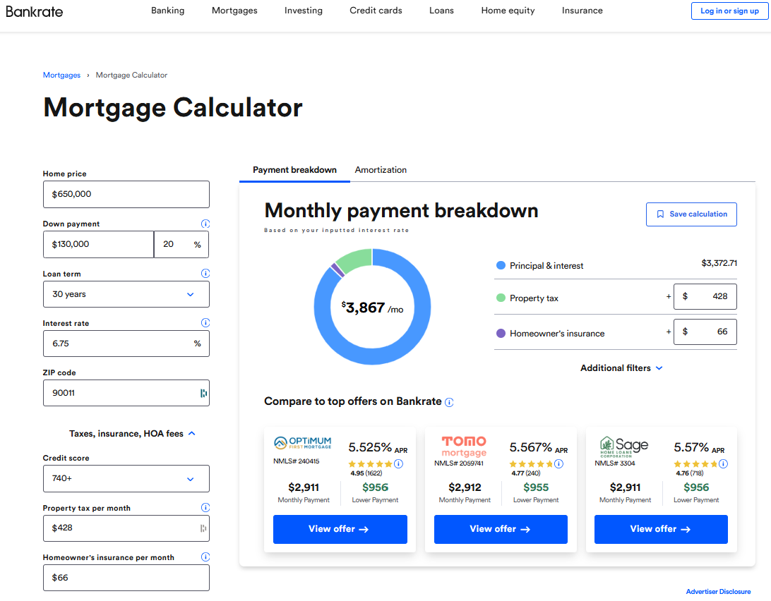 Bankrate Mortgage Calculator interface