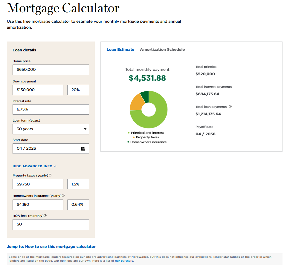 NerdWallet Mortgage Calculator interface