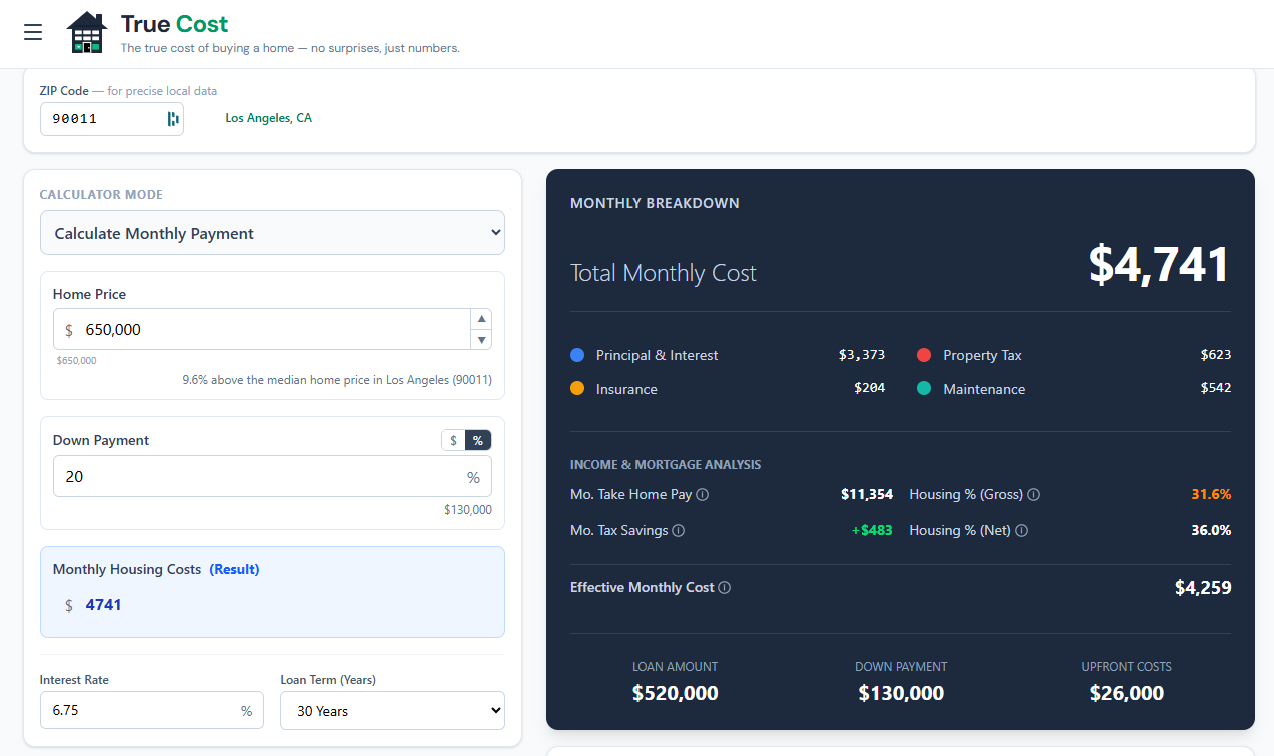 True Home Cost Calculator main interface